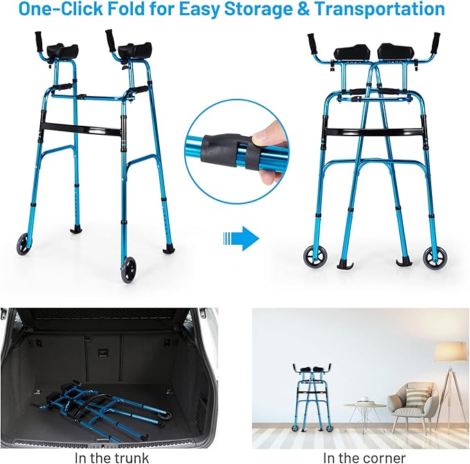 Goplus Walkers for Seniors, Foldable Standard Walker with 5’’ Wheels and Removable Padded Armrests 440lbs, Lightweight Walking Mobility Aid, Folding Platform Walker for Elderly, Handicap, Disabled