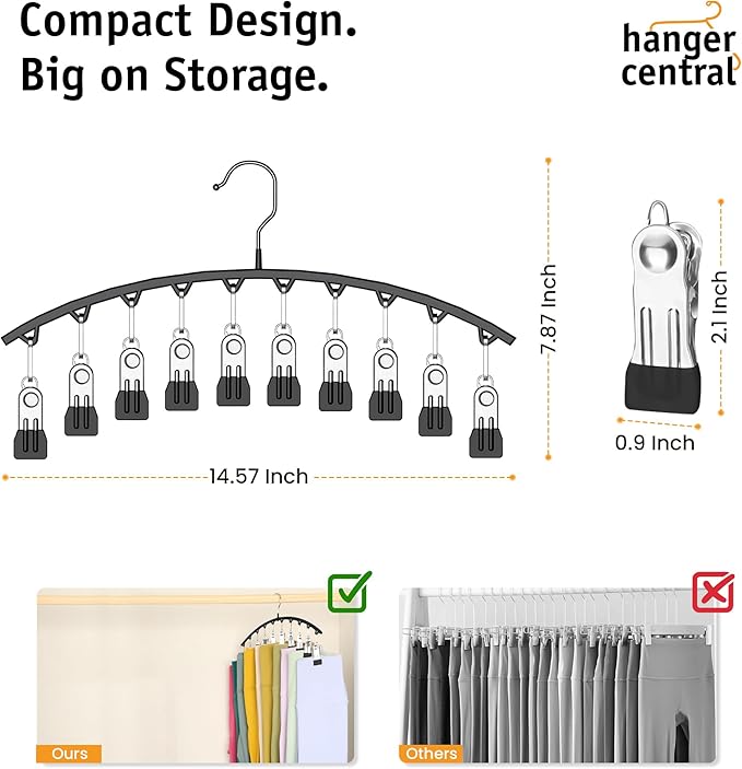 Hanger Central Legging Organizer for Closet – 2 Pack Metal Yoga Pants Hangers with 10 Non Slip Clips Each – Space Saving Hanging Closet Organizer for Clothes, Dorm Storage, Wardrobe – Black