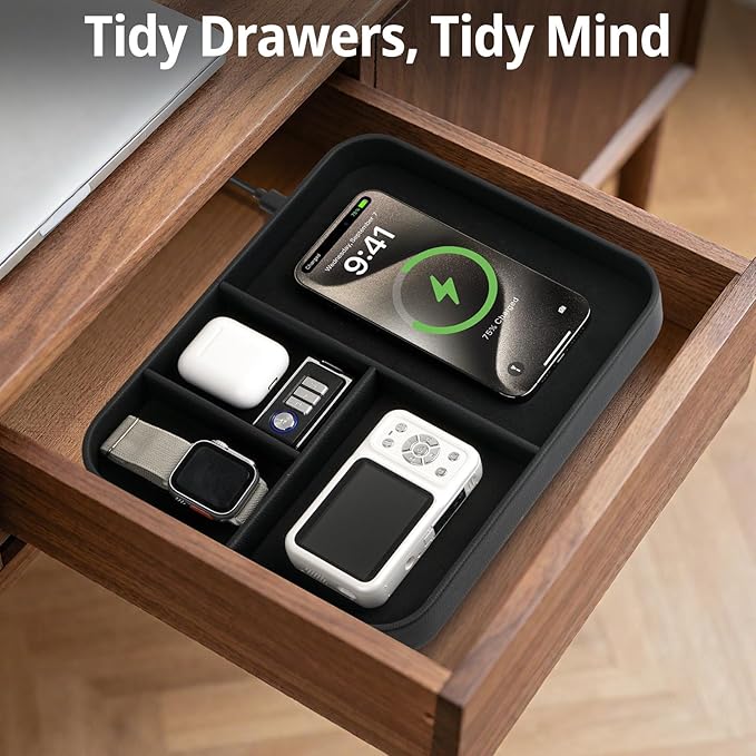 Birthday Gifts Bedside Organiser-Faux Leather Valet Tray With Wireless Charger For Phone And Earbuds,Nightstand Organizer,Mens Jewelry Box,Office Desk Organizers