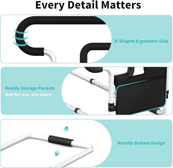Bed Rails for Elderly Adults Safety, Adjustable Bed Assist Rail for Seniors, Bed Safety Rail with 2 Storage Bag and Fixing Strap, Fit King, Queen, Full, Twin, Supports 300 lbs