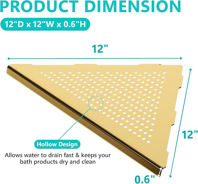 2 Pack Bathroom Corner Shelf, Recessed 12" Corner Shower Shelf, SUS304 Stainless Steel Triangular Wall Mount, No Drilling, Brushed Golden