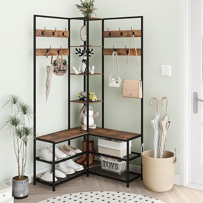 GiftGo Corner Hall Tree with Shoe Rack Storage Bench Display Open Shelves Modern Industrial Entryway Coat Rack Stand for Home Living Room Mudroom Bedroom Multifunctional 5 in 1 (Rustic Brown)