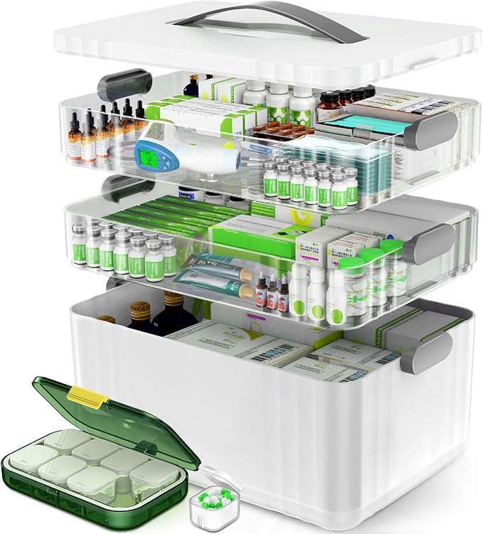 3-Tier Medicine Organizer - Portable Medicine Cabinet with Plastic Handle, Multipurpose Medical Box with Pill Box, Empty First Aid Kit for Home