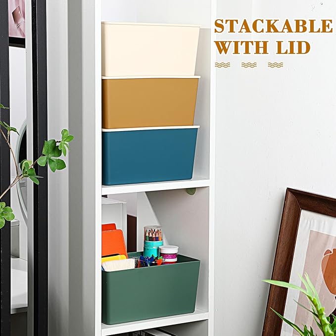 Menkxi 4 Pcs Storage Bins with Lids Plastic Stackable Containers for Organizing Shelves Christmas Ornament Box Baskets(Mixed Color,Large)