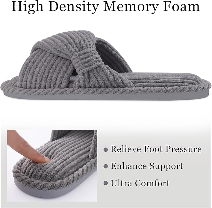 Evshine Fall House Slippers for Women Corduroy Cross Bow Indoor Slippers Open Toe Slip On Bedroom Shoes with Memory Foam