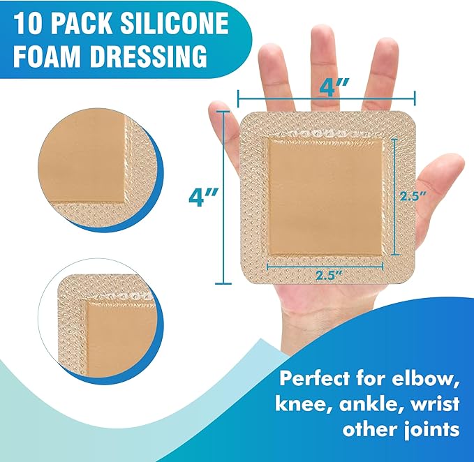 General Medi Waterproof Silicone Foam Island Dressing (10 Packs) – 4" x 4" Sterile Wound Care Pad with Adhesive Border - Sterile, Soft & Highly Absorbent Medical Grade Dressing Pad