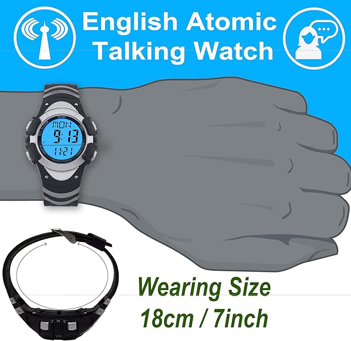 FIVE SENSES Atomic English Talking Watch for Seniors Men and Women Talking with Day-Date Loud Alarm Clock Visually Impaired (Silver)