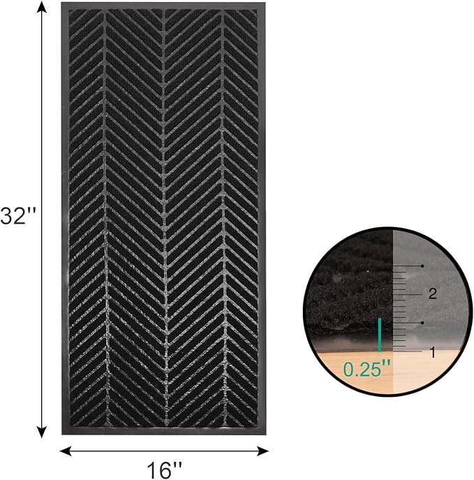16" x 32" Black Front Door Mat Indoor Outdoor, Low Profile Welcome Doormat for Entrance, Waterproof All-Weather Entry Mat for High Traffic Area