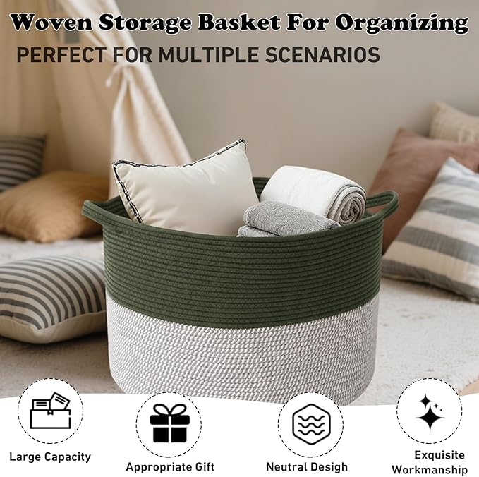Large Storage Basket with Handle,19.7" L x 19.7" W x 13" H Blanket Basket Storage Bins for Organizing,65L Cotton Rope Woven Baskets for Living Room, Nursery ,Bedroom,Green&White