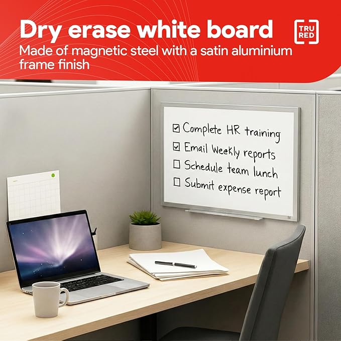 TRU RED Steel Magnetic Whiteboard | Dry Erase Board for Wall, White Board with Satin Frame, 2 ft x 1.5 ft