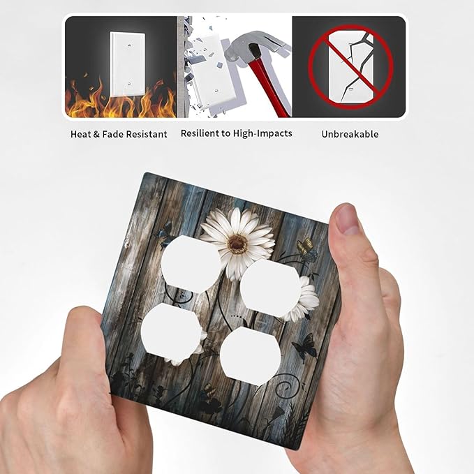 Rustic Wood Background Floral Butterfly Daisy Outlet Covers 2 Gang Double Duplex Decorative Light Switch Covers Electrical Wallplates Socket Faceplate for Farmhouse Bedroom Decor