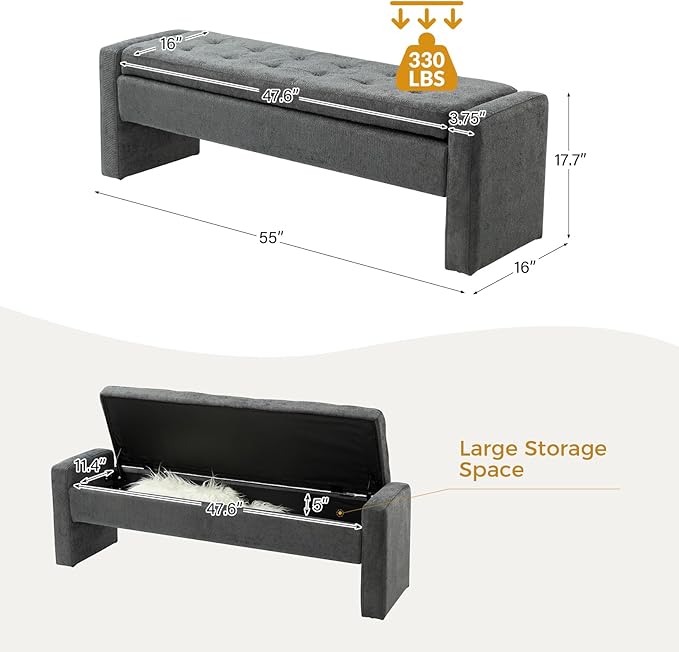 55" Modern Upholstered Storage Bench with Tufted Seat, Fabric Ottoman Bench for Bedroom, Entryway, or Living Room, Soft Close Hinge,Charcoal
