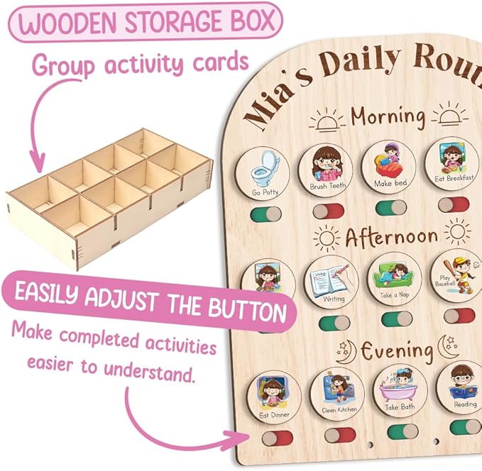 Personalized Wooden Daily Routine Chart with Stars Reward Jar, Visual Schedule, Routine Chart for Toddlers, Morning Bedtime Routine Chart