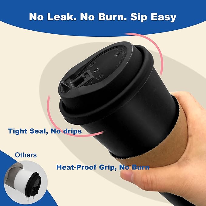16 oz 50 Pack Coffee Cups with Lids and Sleeves, Straws, Hot Disposable To Go Travel Paper Cups Bulk for Office, Home Coffee Bar Accessories, Chocolate, Cocoa, Beverage (Black)