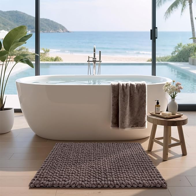 LUMI Luxury Bathroom Rug, Ultra Soft Quick Dry Bath Mat, Non-Slip Absorbent Thick Chenille Bath Rug, Cozy Braid Design Floor Mat for Bathtub, Sink, Laundry, Bedroom, Brown, 24"x43"