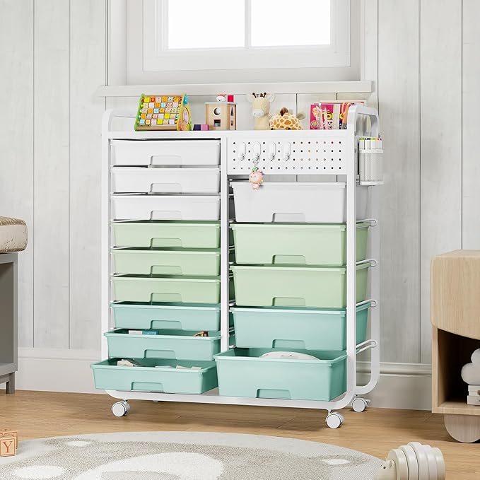 Rolling Storage Cart with 14 Drawers, Storage Organizer Cart with Tabletop and Pegboard,Utility Cart for Living Room, Classroom, Bedroom,Bathroom,Dorm,Office (Green)