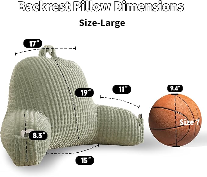 Reading Pillow for Sitting in Bed, Large Backrest Reading Pillow with Arm Rest,Back-Rest Support Cushion for Sit Up on Couch, Sofa, and Floor, Dorm Essentials (Green Flannel, Large(19"))