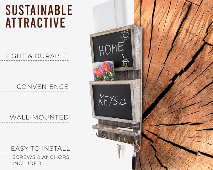 Rustic 2-Slot Mail Sorter Organizer for Wall with Chalkboard Surface & 3 Double Key Hooks - Wooden Wall Mount Mail Holder Organizer – Wall Décor for Entryway made of Paulownia Wood - Rustic White