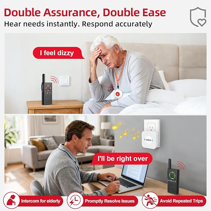 CallToU Caregiver Pager Wireless Alert Button Home Intercom System Long Range 2 Way Radio for Elderly/Patient/Pregnant/Home/Office