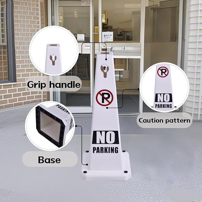 26.5" Caution Cones, 4-Sided Visible Safety Signs with Heavy Rubber Base, Warning for Slip & Fall Prevention, Indoor/Outdoor Use (8, No Parking-White, 26.5 inch)