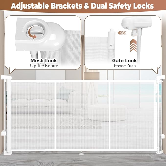 81" Retractable Baby Gate Extra Wide, 41" Tall Retractable Dog Gate for Stairs, Doorways, Decks, Mesh Gate Long Child Gate Pet Gate for Indoor, Outdoor, with Reinforced Mesh Rods, Dual Locks