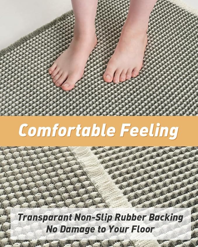 AMOAMI Upgraded Waffle Runner Rug Super Absorbent Non Slip Bath Mats for Bathroom Machine Washable Bathroom Runner Rug with Tassels, Ideal for Hallway Bedroom Laundry Room, 2' x 6', Green & Cream