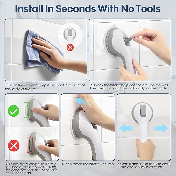 Auroras Strong Suction Cup Grab Bars for Bathtubs and Showers, 2 Pack Removable Heavy Duty Shower Grab Bars for Seniors No Drilling, 16 Inch Non-Slip Shower Handles for Elderly,Children,Injured