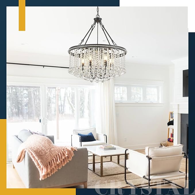 6-Light Black Crystal Chandelier Modern 21.6'' Contemporary Round Pendant Chandeliers Crystal Ball Luxury Ceiling Hanging Lighting for Living Dining Room Kitchen Island Bedroom Entryway Foyer