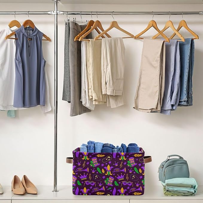 Mardi Gras Carnival Storage Basket Cube Storage Bins Organizer Bag Collapsible Closet Shelf Baskets with handle for Cloth Book 14.2×10.2×8.3 IN