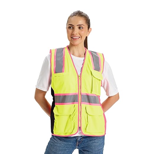 Hi Vis Safety Vest for Women,Working Drawstring Waist Construction Vest with Pockets and Zipper,Womens Safety Vest,ANSI Type R Class2