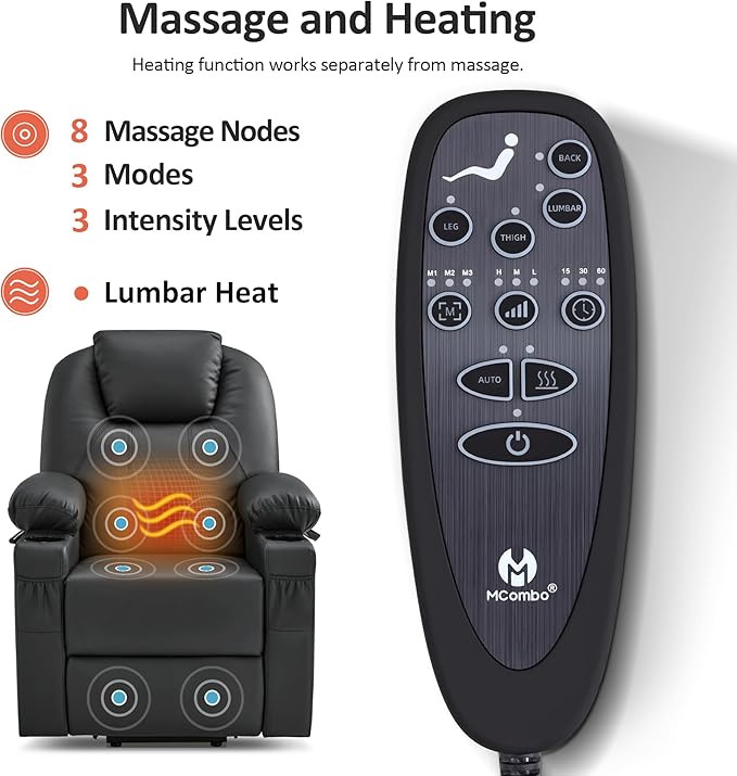 MCombo Power Lift Recliner Chair for Elderly, Lift Chair with Heat and Massage, FSC Certified, USB Ports, Cup Holders, Faux Leather 7141 (Black, Small)