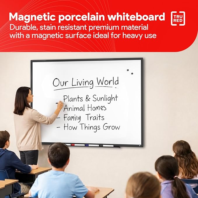 Staples TRU RED Magnetic Dry Erase Whiteboard, 4 x 3 Feet, 4 Multicolor Markers, Black Finish Aluminum Frame for Home, Office, School, White