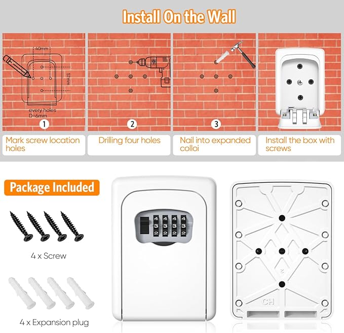 Key Lock Box Wall Mounted, Fayleeko 4 Digit Combination Lockbox for Outside, House Keys - 5 Keys Capacity, Key Safe Security Storage Lock Box for Indoor, Outdoor, Garage, Garden, Store (White, 2Pack)