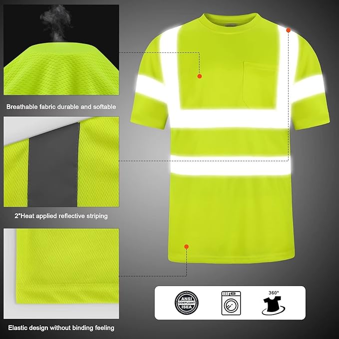 High Visibility Class 3 T Shirts，Hi Vis Safety Shirts with Reflective Strips and Pocket, Short Sleeve Quick Dry Mesh Construction Work Shirt for Men/Women Lime,Medium