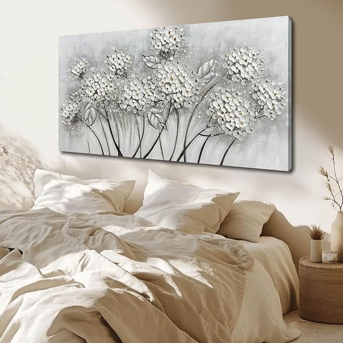 White Flower Wall Art- Canvas Print Art- Botanical Pictures for Bedroom - Hand Painted Wall Decor - Floral Painting Home Decorations with Framed 20x40 Inch