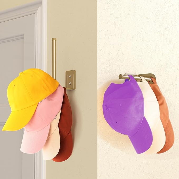 2 Pack Hat Racks for Baseball Caps, Stainless Steel Hat Organizer for Baseball Cap, Hat Holder Storage Organizer, Hat Hanger Strong Adhesive/Wall Drilled for Door, Bedroom, Closet(Gold 6 in)
