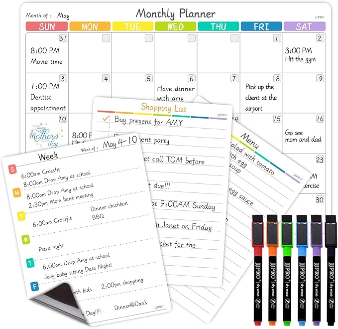 JJPRO Magnetic Monthly Calendar Whiteboard Set for Refrigerator-Monthly Planning Board, Weekly Menu Planner and to Do List for Fridge with 6 Markers-14.5" x11