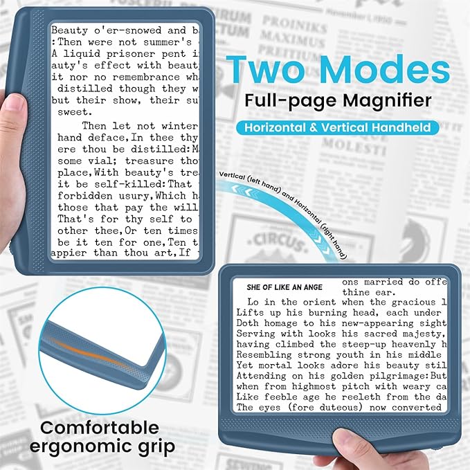 Rechargeable 5X Magnifying Glass for Reading, Large Bright Full Page Magnifier with Light, Handheld LED Dimmable Lighted, Lightweight Book Magnifier for Reading Small Prints Seniors - Blue