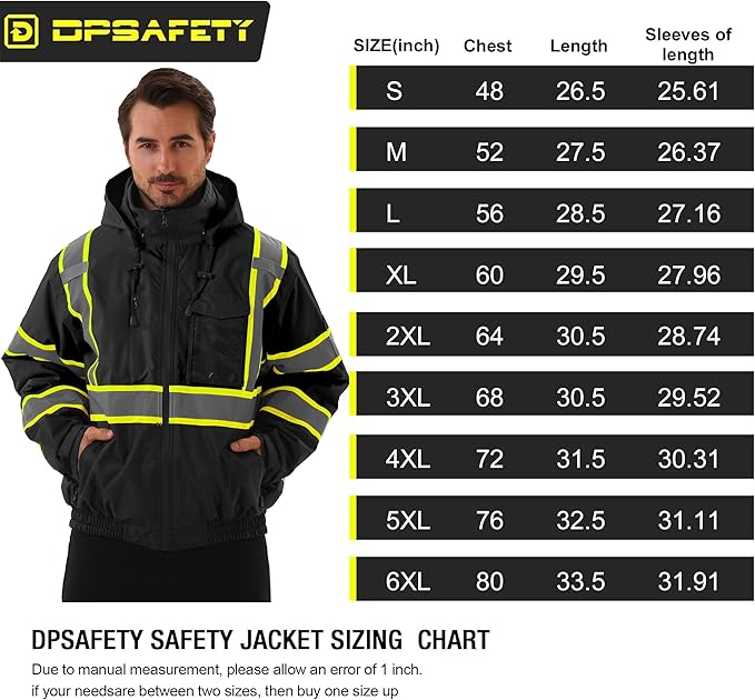 Hi Vis Safety jacket for men,Reflective high Visibility Hooded jacket,Work Bomber Jacket with Pockets and Zipper,Waterproof,ANSI Class 3 Black,Small