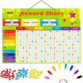 Magnetic Reward Behavior Star Chore Chart for One or Multiple Kids, Includes 8 Markers + 60 Foam Backing Illustrated Chores + 300 Stars in Red, Yellow, Blue. X- Large 17X12 inch. Hanging Loop READY!
