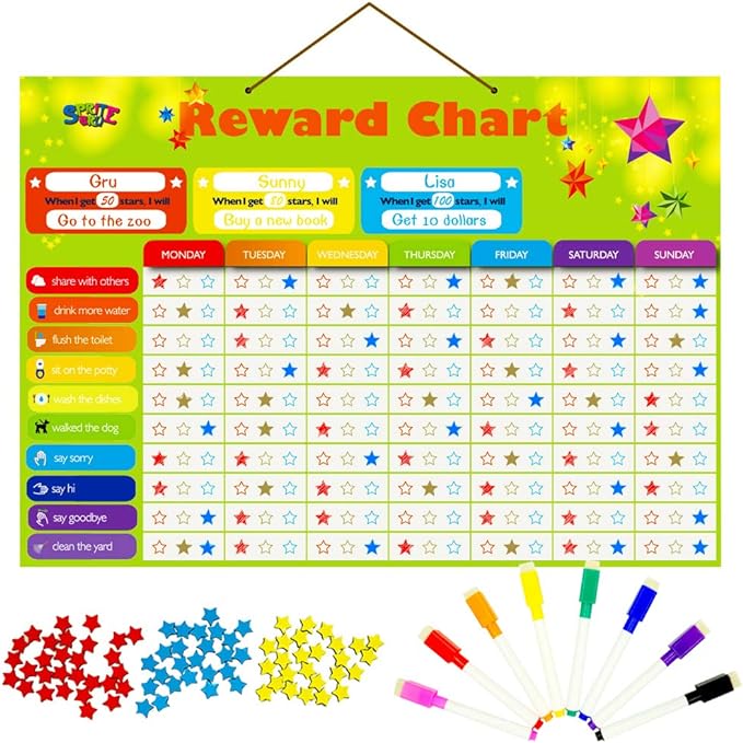Magnetic Reward Behavior Star Chore Chart for One or Multiple Kids, Includes 8 Markers + 60 Foam Backing Illustrated Chores + 300 Stars in Red, Yellow, Blue. X- Large 17X12 inch. Hanging Loop READY!
