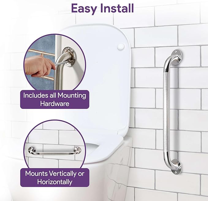 12 Inch Grab Bars for Bathtubs and Showers - Chrome Knurled Bathroom Safety Rail Handle - Non Slip Textured Grip Handicap Grab Bar for Seniors, 250 lbs Weight Support Capacity