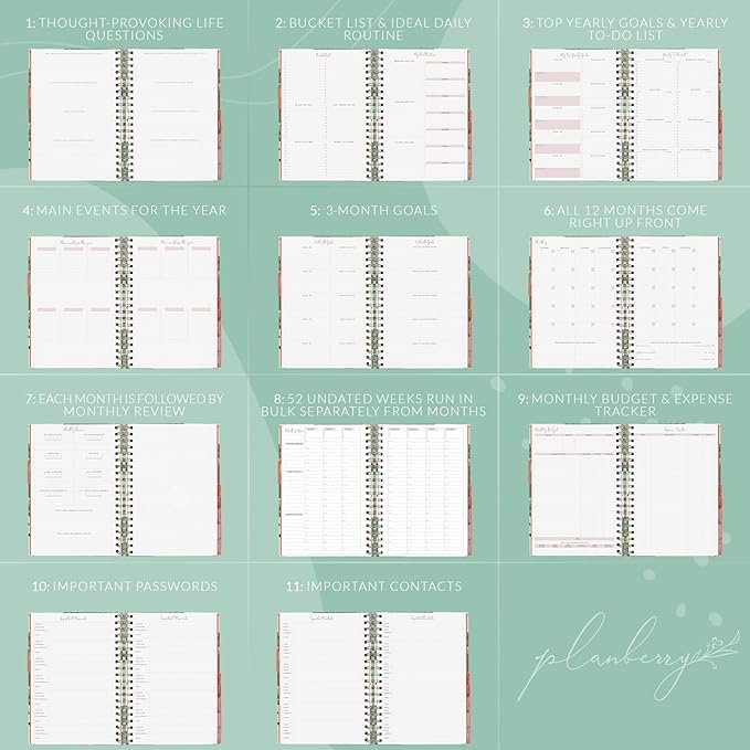 PLANBERRY Hourly Schedule Planner Premium – Undated Weekly Organizer with Time Slots & Monthly Budget – Time Management, Goal Setting, To-Do List & Habit Tracker –6.9″x8.5″(African Green)