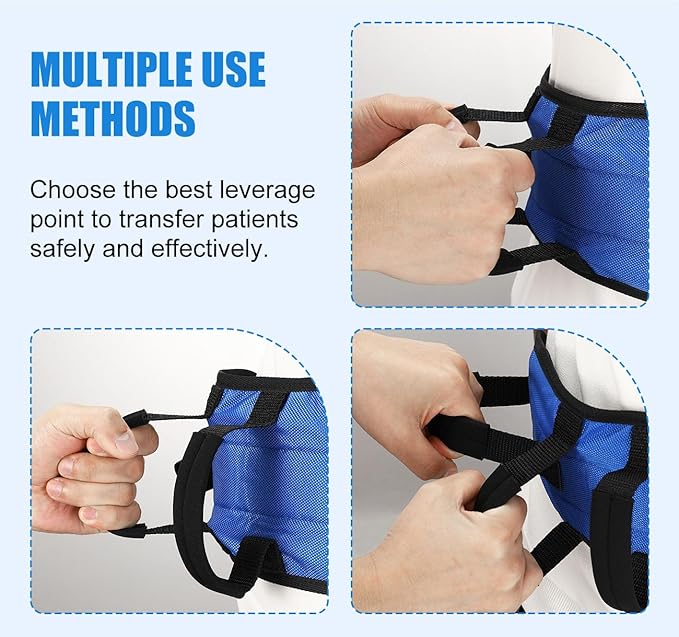 Rhino Valley Gait Belt 2 Pack with 7 Handles - Anti-Slip Transfer Belt for Seniors & Elderly Care, Adjustable Patient Lift Safety Belt for Home & Hospital Use, Blue & Black