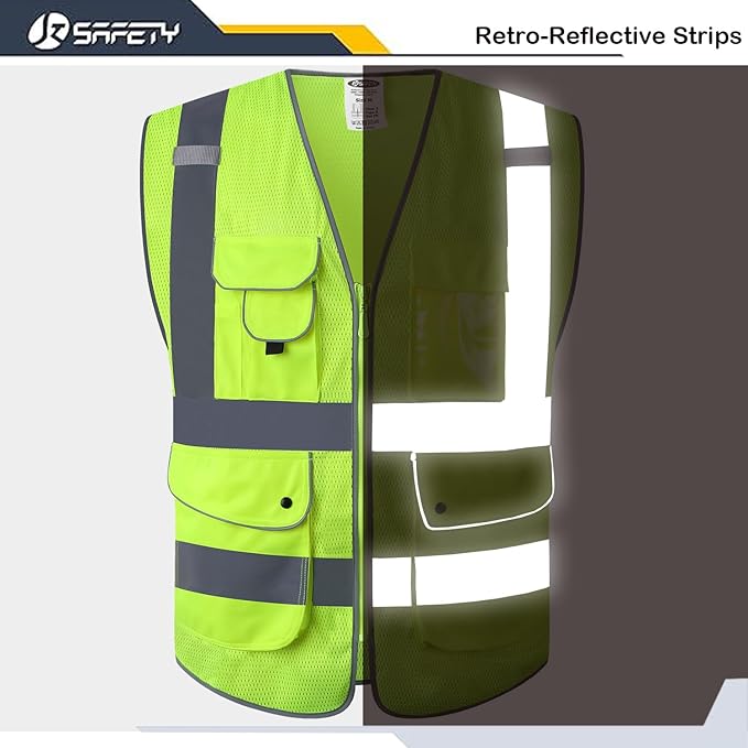 JKSafety 9 Pockets High Visibility Safety Vest for Men and Women, Hi-Vis Reflective Yellow Safety Vests with Zipper Front, Meet ANSI/ISEA Class 2 Type R(159-Yellow M)