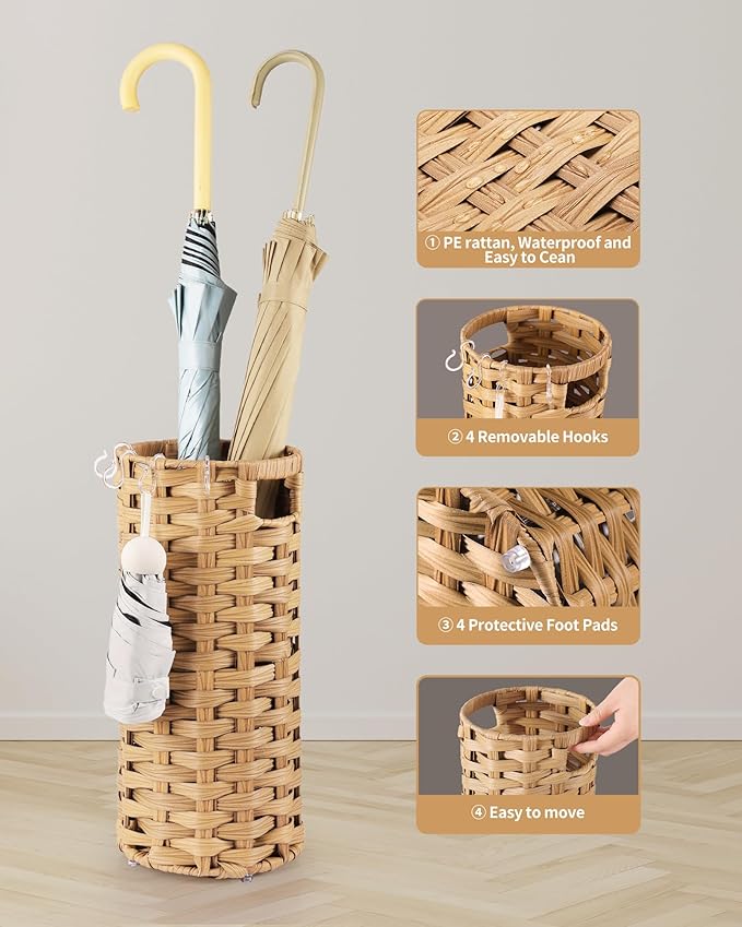 Rattan Umbrella Stand, Umbrella Holder for Entryway, Hand Woven Umbrella Rack Organizer Freestanding, with a Detachable Drip Tray, 4 Hooks, 7.5" L x 7.5" W x 16.5" H