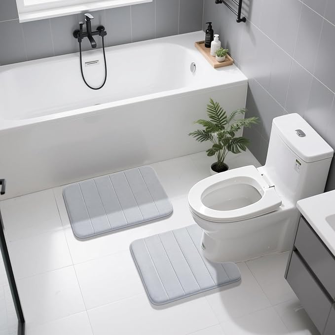 Yimobra U-Shaped Toilet Bath Mat Set 2 Piece - Super Soft Absorbent Quick Dry Memory Foam Bathroom Rugs, Machine Washable Non Slip Floor Carpet for Tub Shower & Single Sink (17x24 & 24x20, Silver)