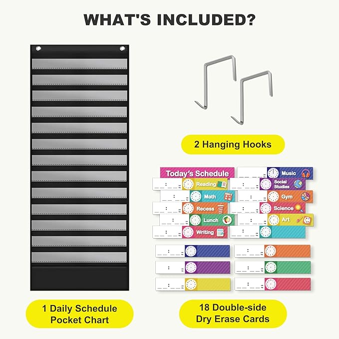 Eamay Daily Schedule Pocket Charts, Teaching Chart, Hoom, Eamay Daily Scheduling Pocket Chart with 13+1 Pockets, 18pcs Dry Erase Cards and 2 Hooks (Black-2)