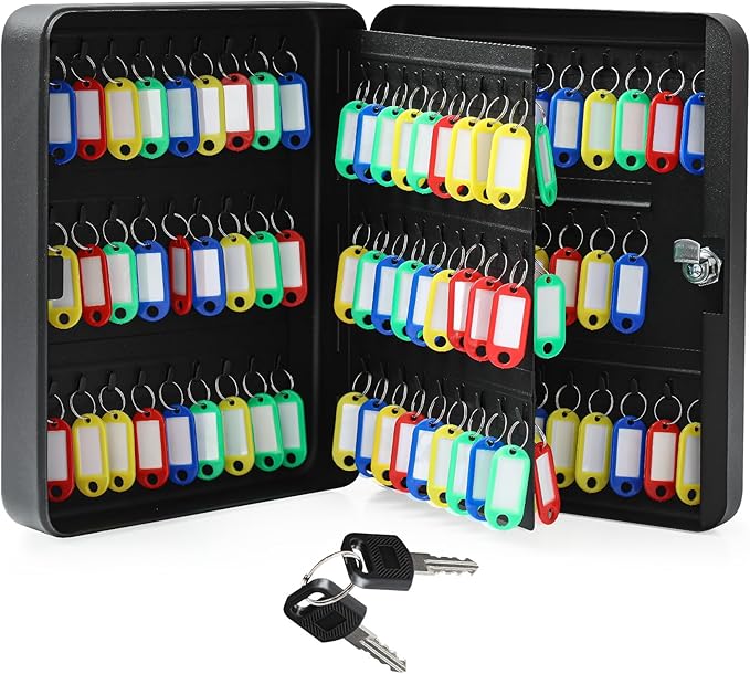 Ripeng 108-Keys Key Lock Box Wall Mount Steel Key Cabinet Lock Box Security Holder with Tags and Hooks Organizer Wall Safe Storage for Car Office Hotel House Rental Business, Black
