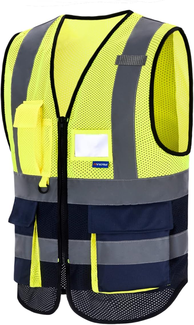 A-SAFETY High Visibility Mesh Safety Reflective Vest with Pockets and Zipper,Hi Vis Viz Reflective Safety Vest(Yellow&Navy Mesh XXL)